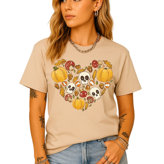 Heart Skull Halloween Shirt – Fall Season Tee for Women Men | Autumn Pumpkin Patch Outfit