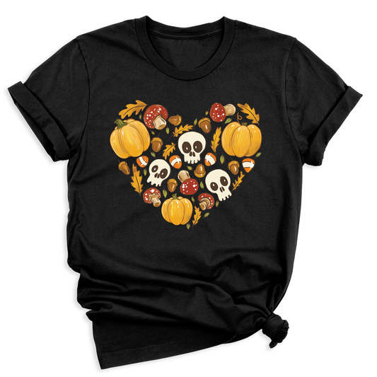 Heart Skull Halloween Shirt – Fall Season Tee for Women Men | Autumn Pumpkin Patch Outfit