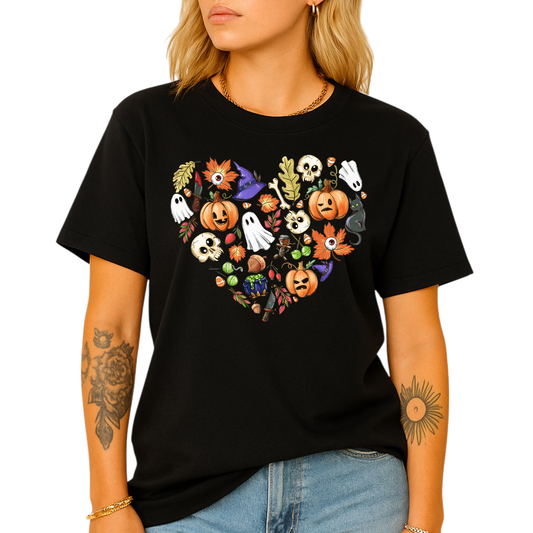 Halloween Elements Heart Shirt – Spooky Season Tee | Women’s Ghost & Pumpkin Shirt