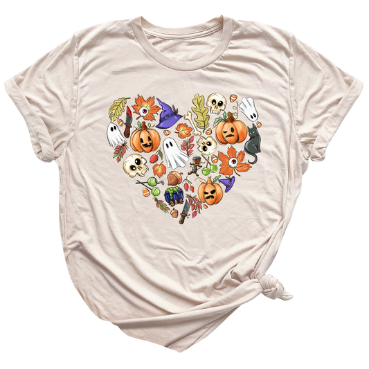 Halloween Elements Heart Shirt – Spooky Season Tee | Women’s Ghost & Pumpkin Shirt
