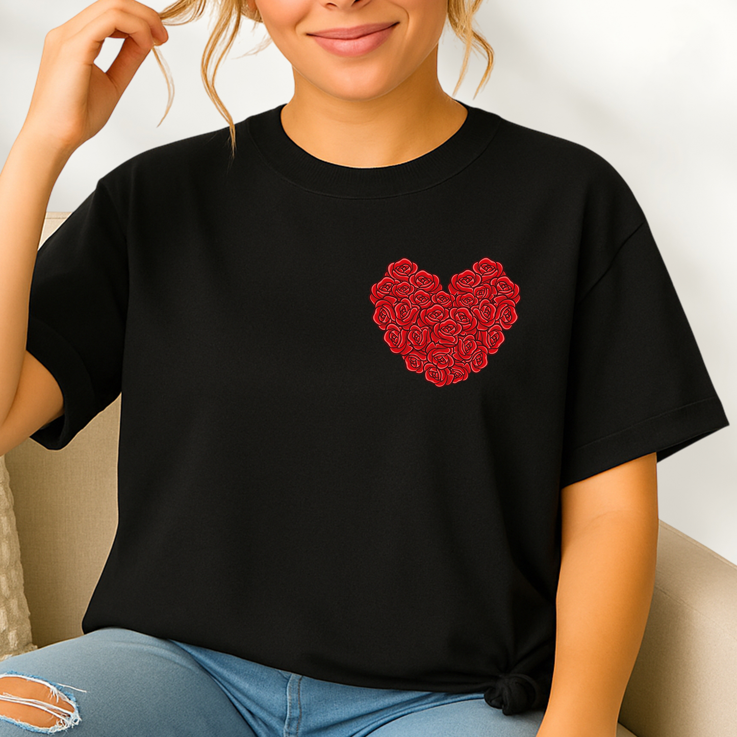Red Roses Heart Shirt – Valentine Floral Love Tee for Women