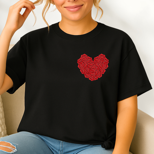 Red Roses Heart Shirt – Valentine Floral Love Tee for Women