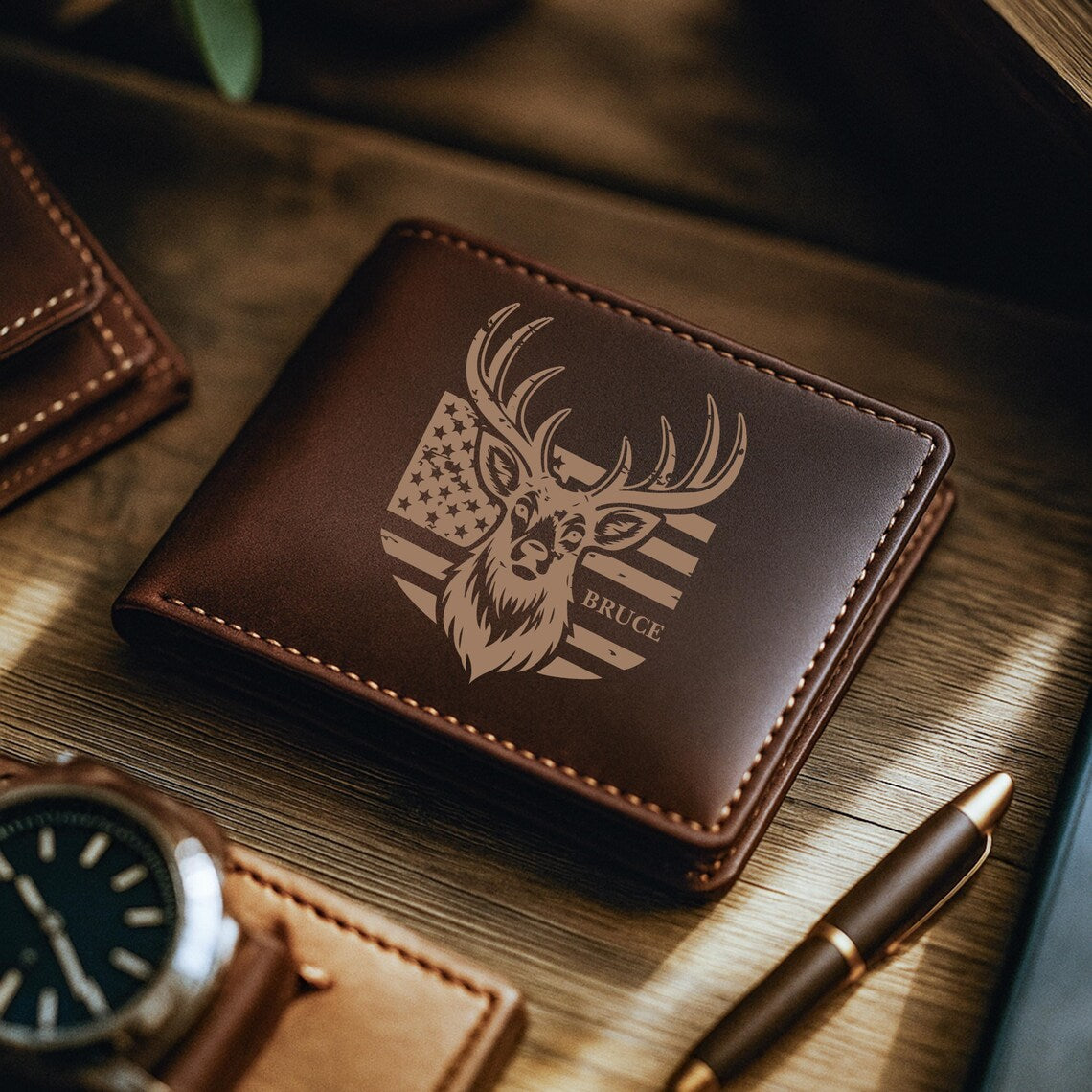 Personalized American Flag Leather Wallet RFID