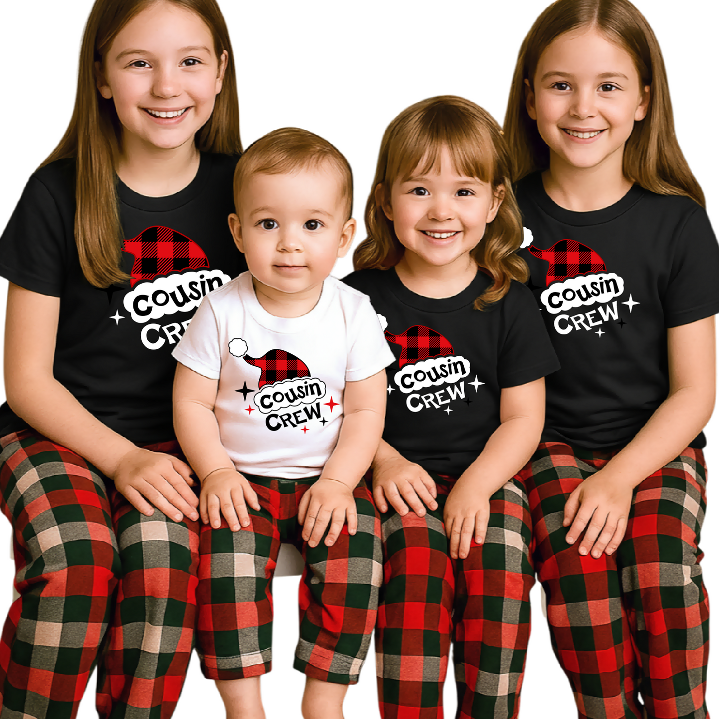 Cousin Crew Christmas Shirts Matching Kids Plaid Santa Hat Tees – Family Holiday Photo Outfit