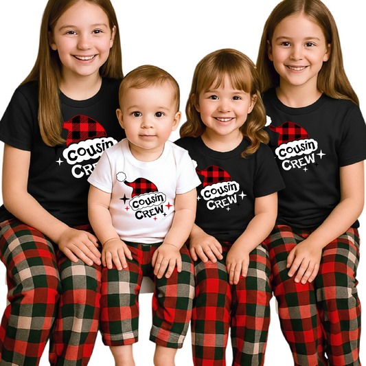 Cousin Crew Christmas Shirts Matching Kids Plaid Santa Hat Tees – Family Holiday Photo Outfit