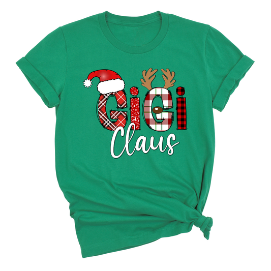 Gigi Claus Christmas Shirt for Grandma – Custom Gigi, Mimi, Nana Xmas Tee with Santa Hat & Plaid Design
