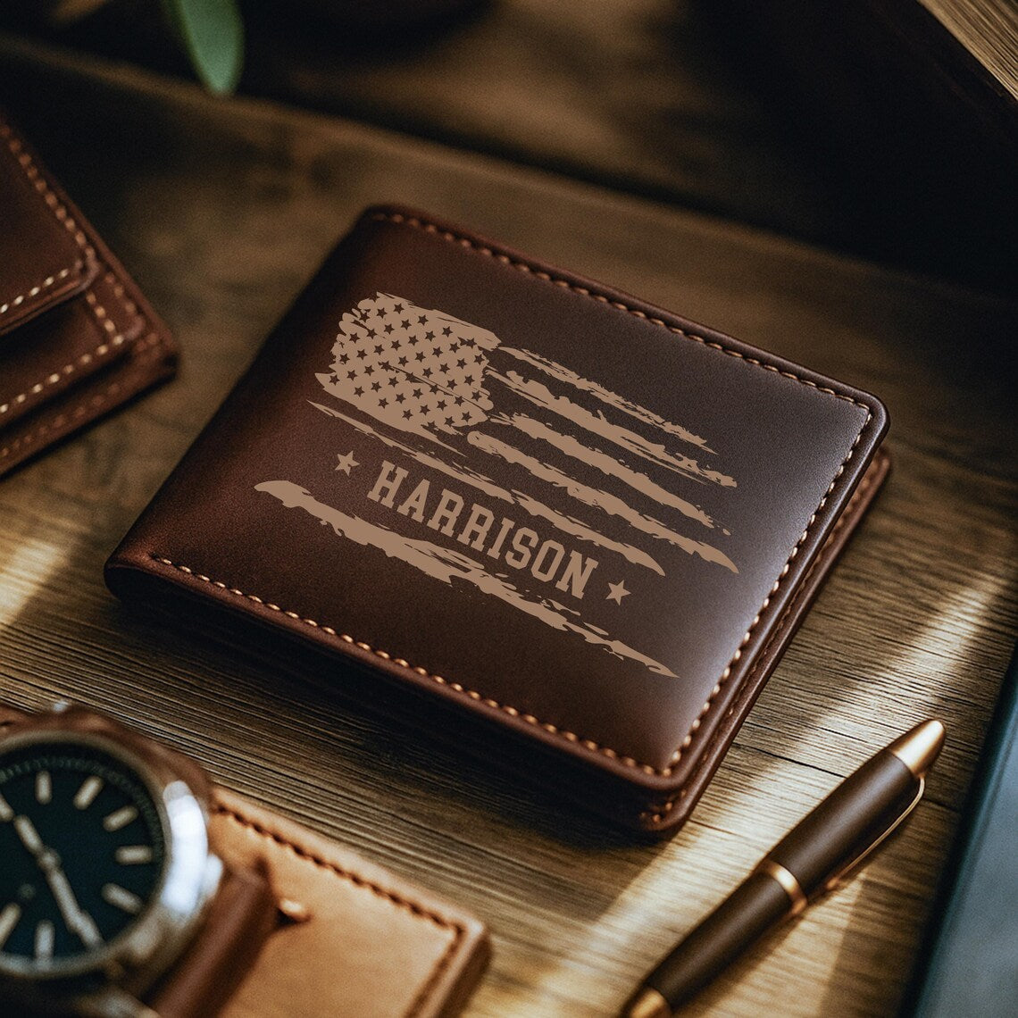 Personalized American Flag Leather Wallet RFID