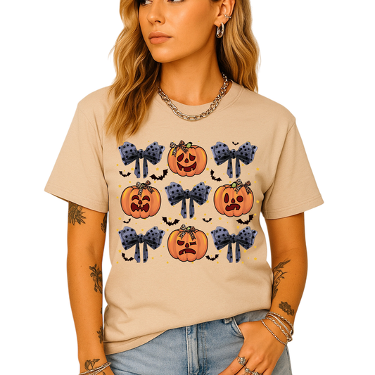 Funny Halloween Pumpkin Face Shirt – Coquette Bow Spooky Season Tee