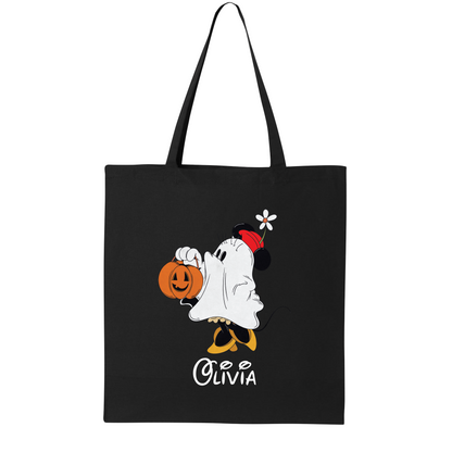 Custom Disney Minnie Halloween Tote Bag – Personalized Trick-or-Treat Canvas Bag, Cute Ghost Gift Bag for Kids & Moms
