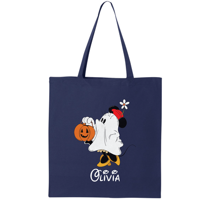Custom Disney Minnie Halloween Tote Bag – Personalized Trick-or-Treat Canvas Bag, Cute Ghost Gift Bag for Kids & Moms