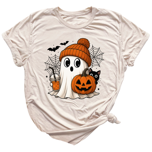 Halloween Ghost and Drink T-Shirt – Pumpkin & Spooky Season Tee