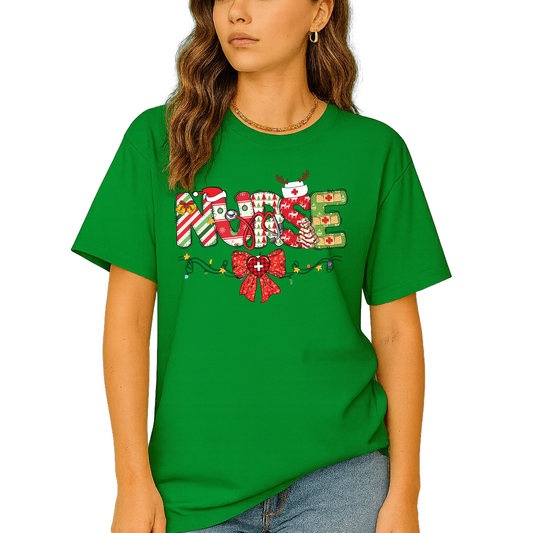 Christmas Nurse Shirt – Nursing Santa Hat Tee, Cute Xmas Bow Top, Nurse Appreciation Holiday Gift