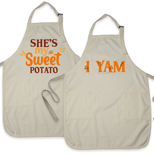 Halloween Couple Aprons – She’s My Sweet Potato & I Yam | Funny Thanksgiving His & Her Matching Aprons for Fall Baking or Gifts