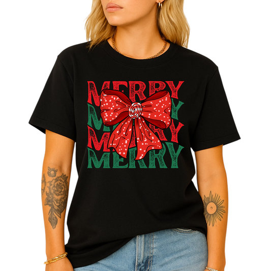 Merry Christmas Bow Shirt – Cute Coquette Holiday Tee for Women & Girls, Festive Family Xmas Top