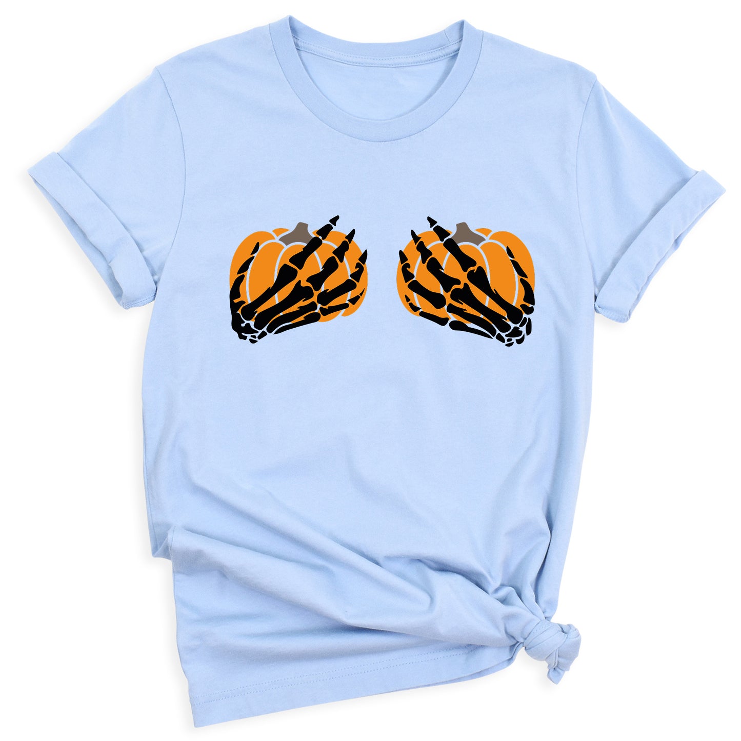 Skeleton Hand Bra Pumpkin Shirt – Funny Halloween Tee | Women’s Spooky Season Shirt