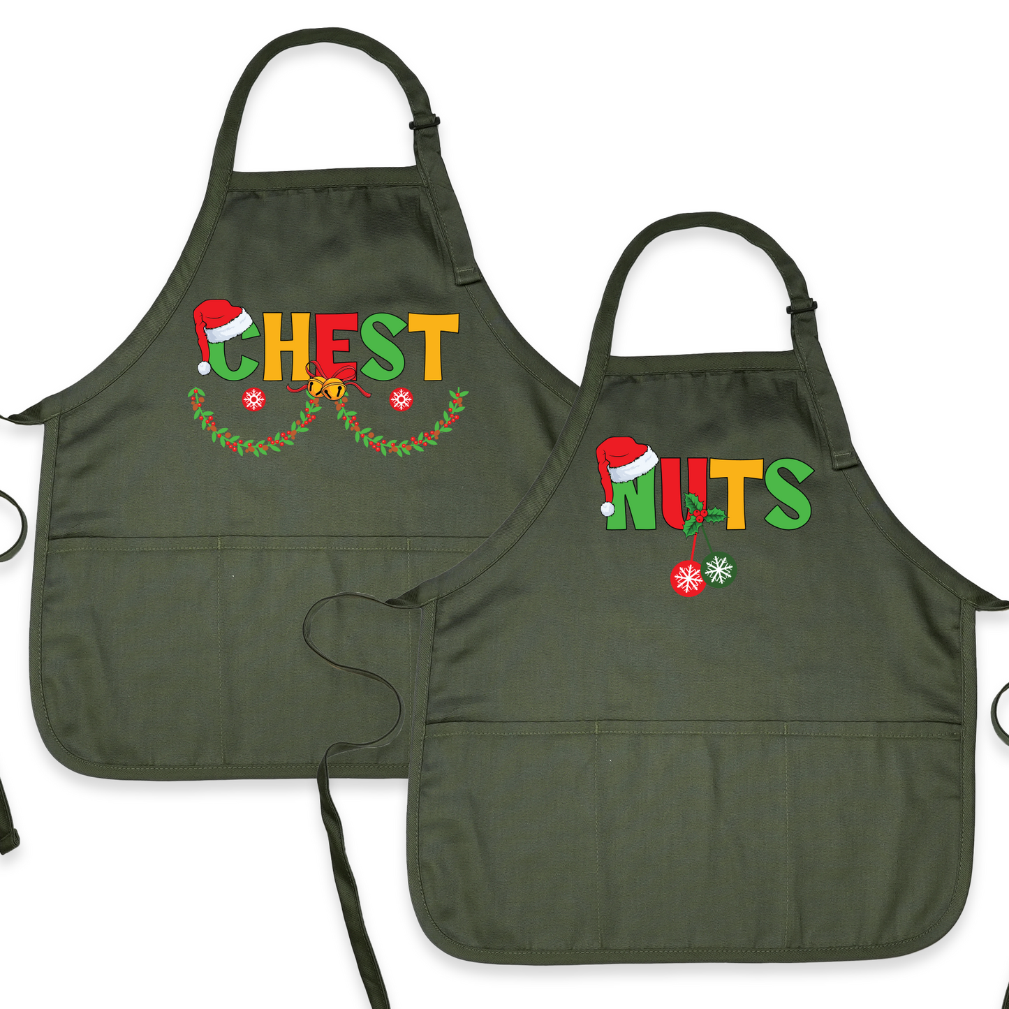 Christmas Chest Nuts Couple Aprons – Funny His & Hers Holiday Kitchen Aprons