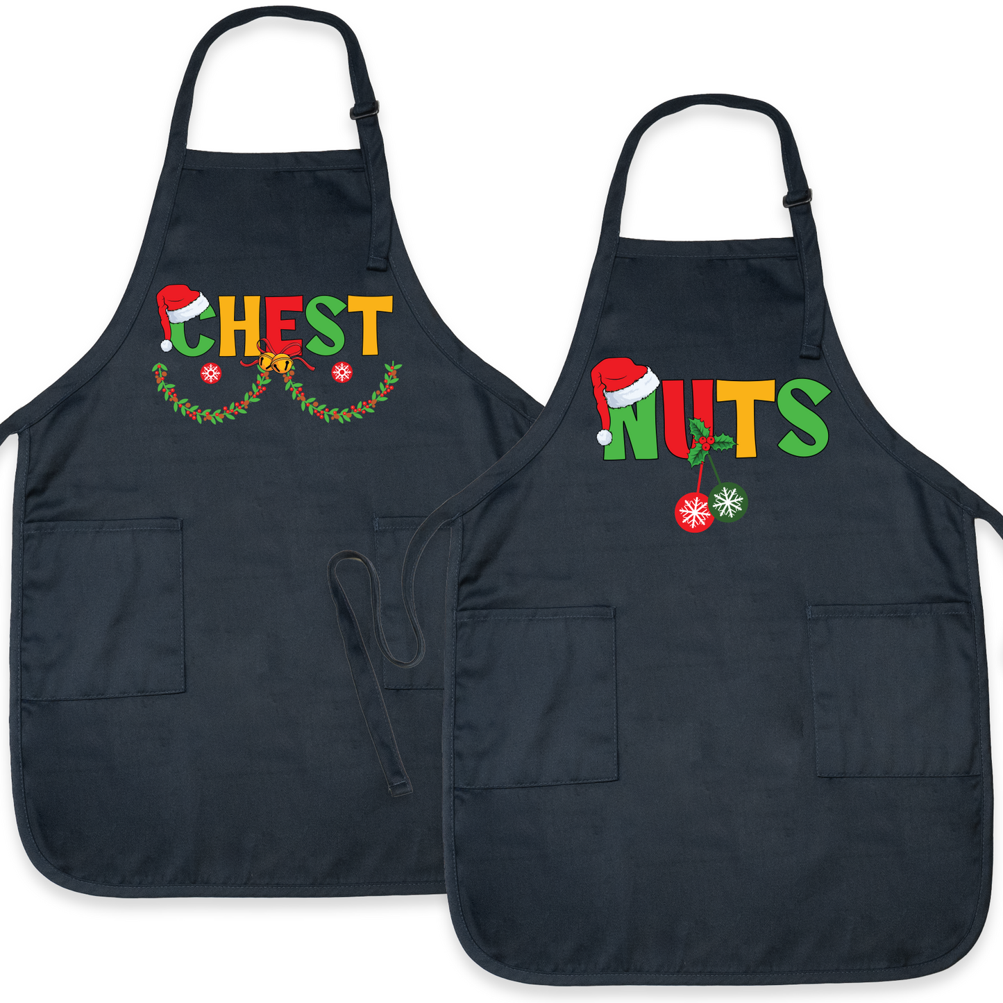 Christmas Chest Nuts Couple Aprons – Funny His & Hers Holiday Kitchen Aprons