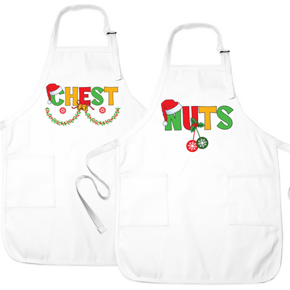 Christmas Chest Nuts Couple Aprons – Funny His & Hers Holiday Kitchen Aprons