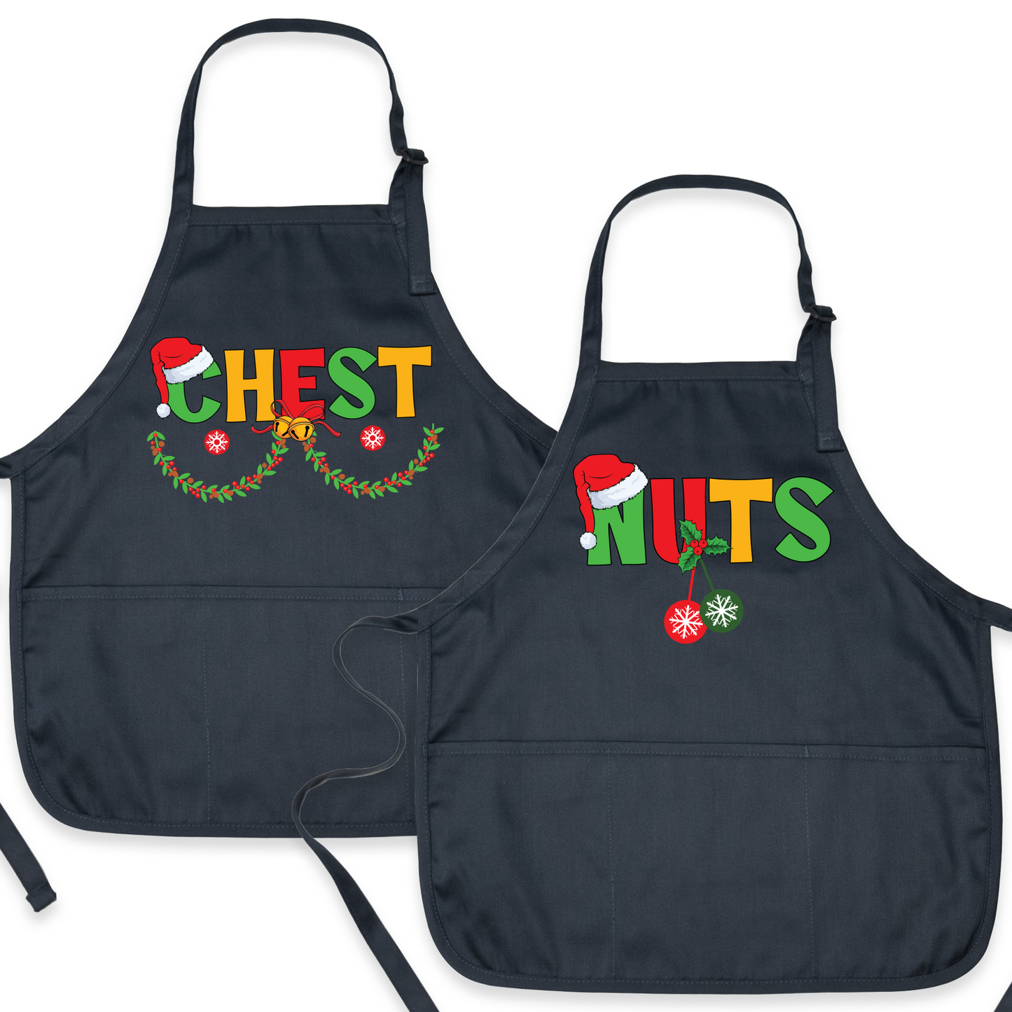 Christmas Chest Nuts Couple Aprons – Funny His & Hers Holiday Kitchen Aprons