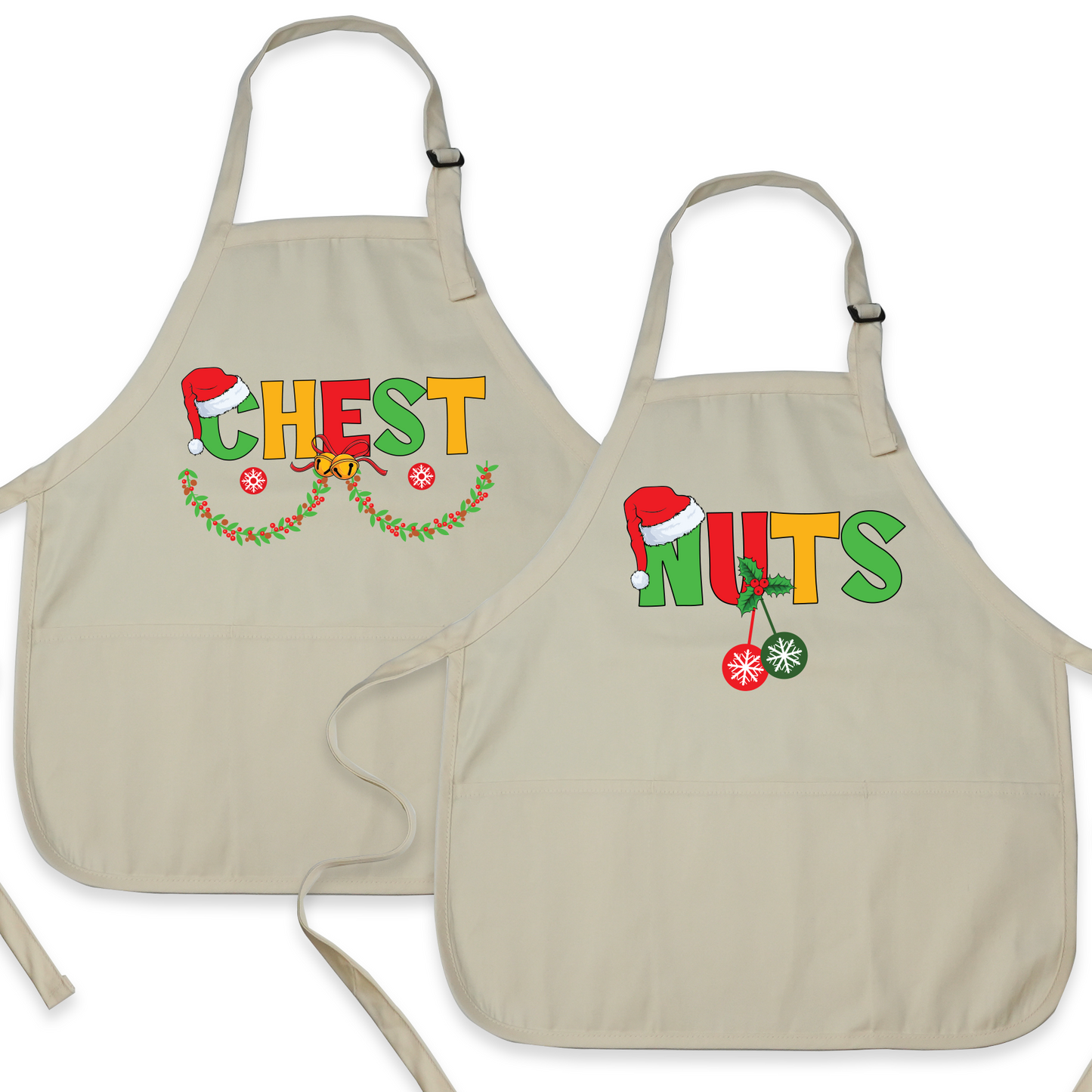 Christmas Chest Nuts Couple Aprons – Funny His & Hers Holiday Kitchen Aprons