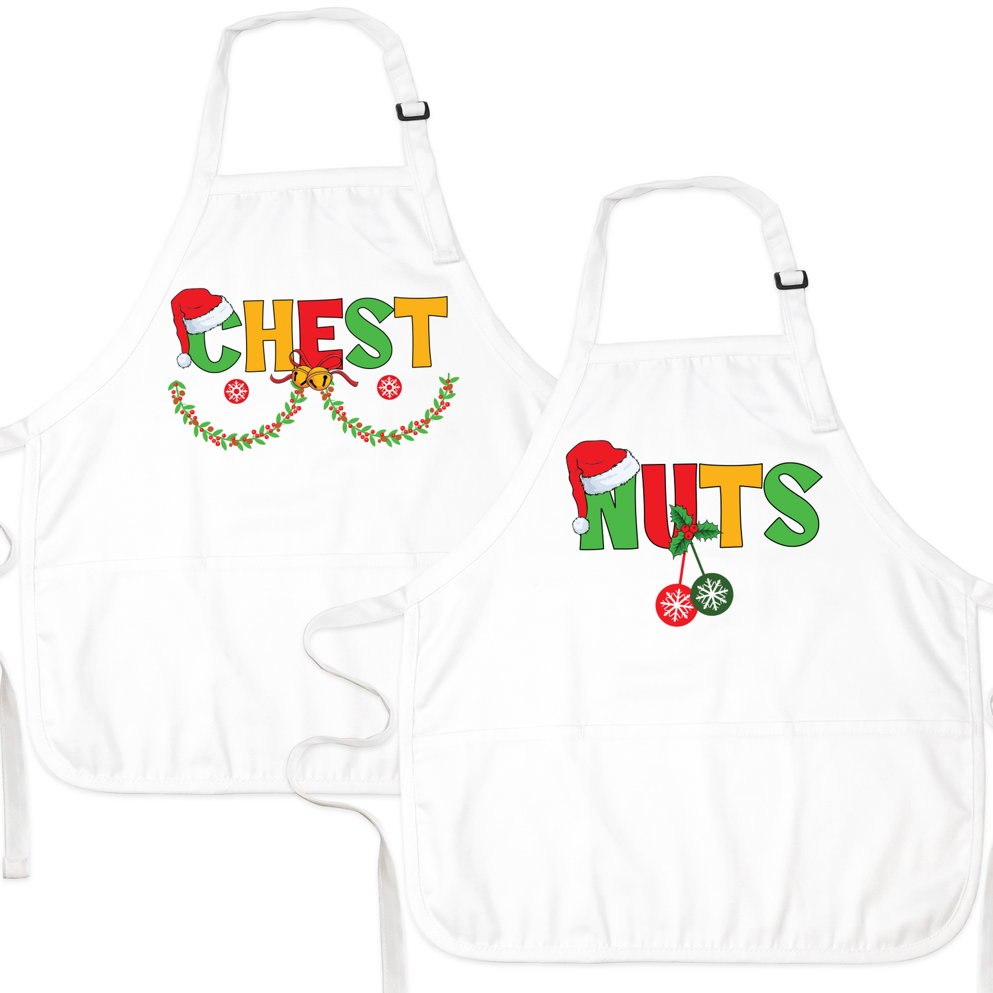 Christmas Chest Nuts Couple Aprons – Funny His & Hers Holiday Kitchen Aprons