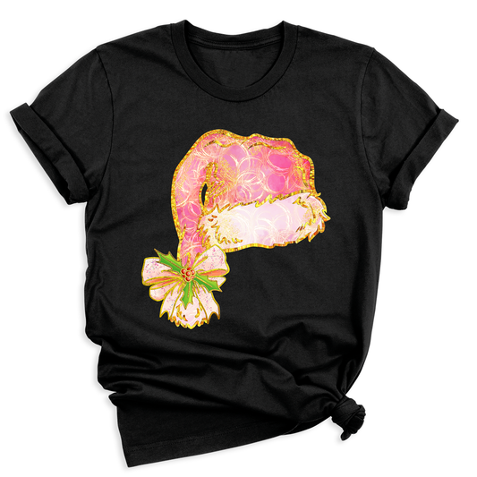 Coquette Santa Hat Pink Bow Shirt – Trendy Christmas Tee for Women & Girls, Xmas Party Holiday Top