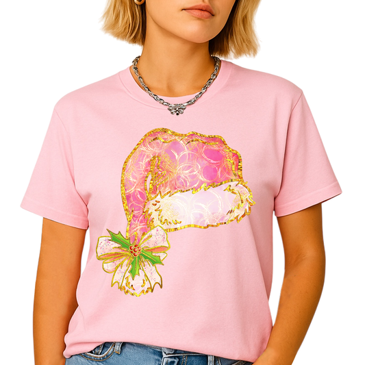 Coquette Santa Hat Pink Bow Shirt – Trendy Christmas Tee for Women & Girls, Xmas Party Holiday Top