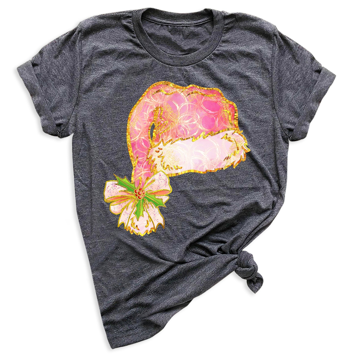 Coquette Santa Hat Pink Bow Shirt – Trendy Christmas Tee for Women & Girls, Xmas Party Holiday Top