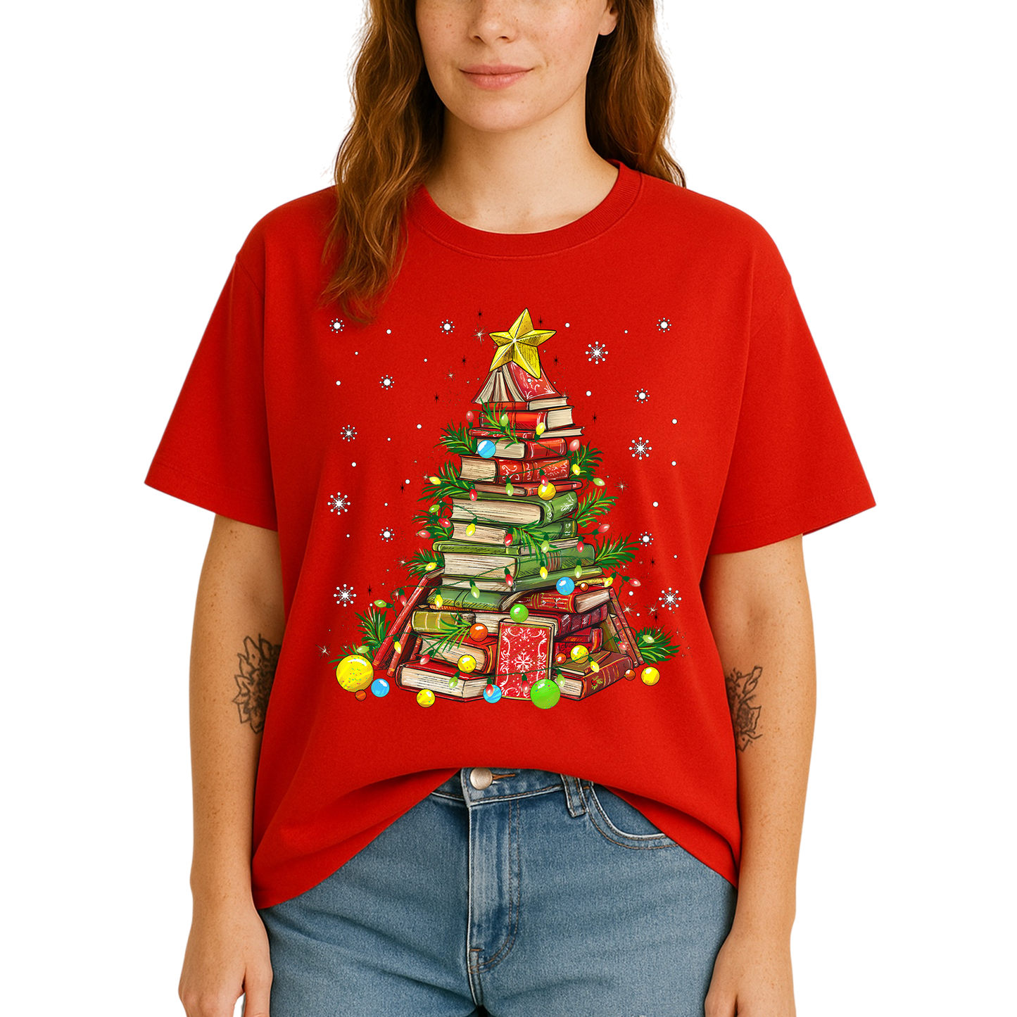 Christmas Books Tree Shirt – Book Lover Holiday Tee, Reading Xmas Top for Teachers, Students & Librarians