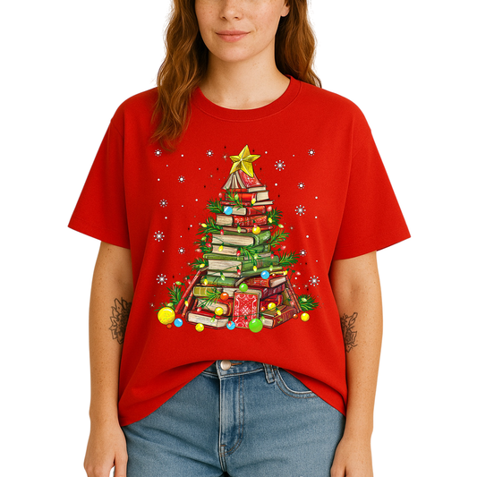 Christmas Books Tree Shirt – Book Lover Holiday Tee, Reading Xmas Top for Teachers, Students & Librarians