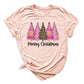 Merry Christmas Tree Shirt – Ladies Christmas Tee | Pink Leopard Holiday Pine Trees Shirt