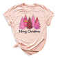 Merry Christmas Tree Shirt for Women – Pink Leopard Print Holiday Tee, Cute Winter Outfit, Ladies Christmas Party Top