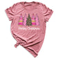 Merry Christmas Tree Shirt – Ladies Christmas Tee | Pink Leopard Holiday Pine Trees Shirt