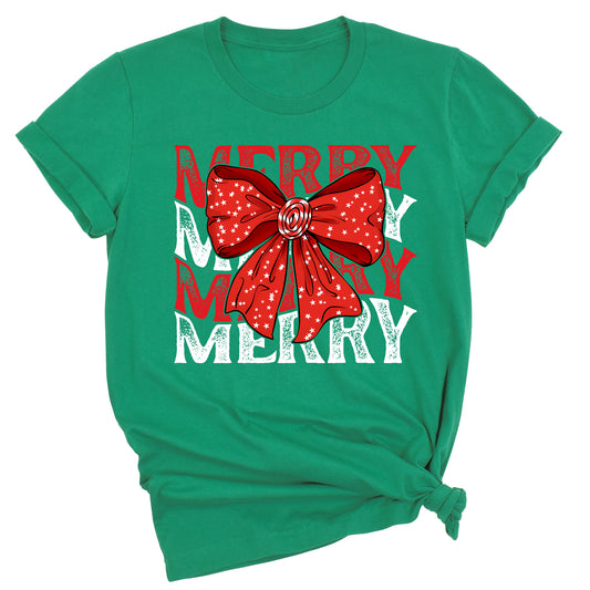 Merry Christmas Bow Shirt – Cute Coquette Holiday Tee for Women & Girls, Festive Family Xmas Top