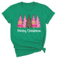 Merry Christmas Tree Shirt – Ladies Christmas Tee | Pink Leopard Holiday Pine Trees Shirt