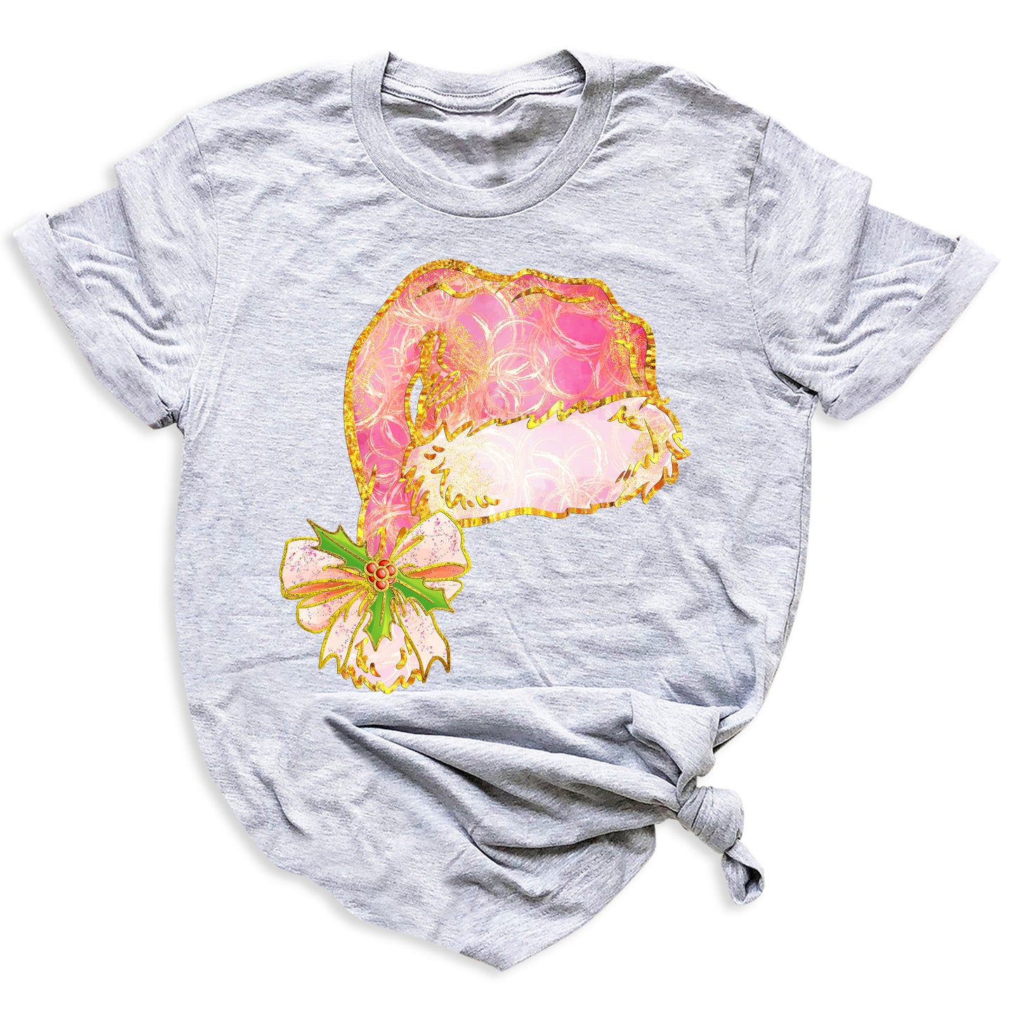 Coquette Santa Hat Pink Bow Shirt – Trendy Christmas Tee for Women & Girls, Xmas Party Holiday Top