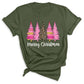 Merry Christmas Tree Shirt – Ladies Christmas Tee | Pink Leopard Holiday Pine Trees Shirt