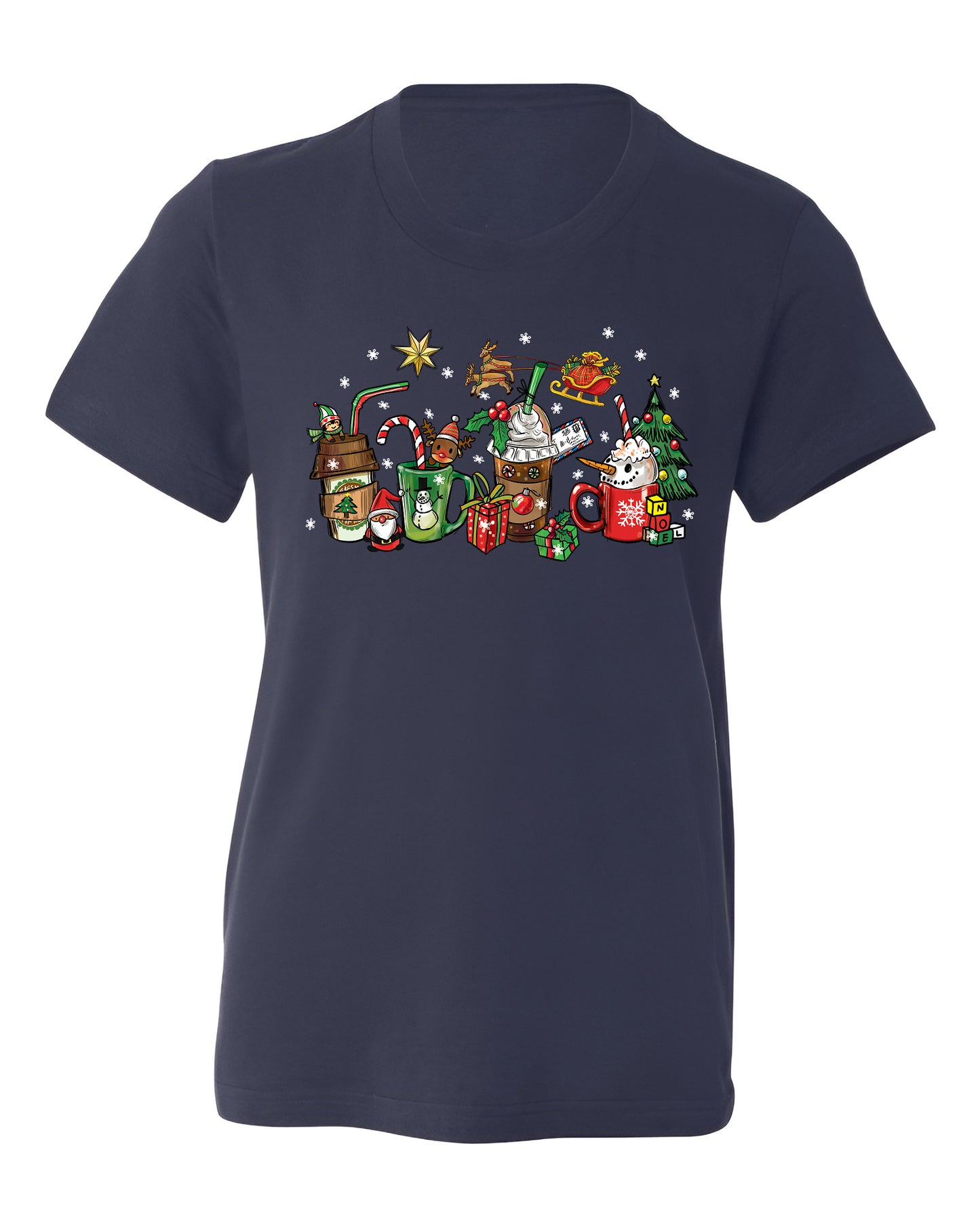 Christmas Latte Coffee T-Shirt – Holiday Coffee Lover Tee, Cute Xmas Shirt with Mugs & Christmas Tree Design