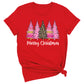 Merry Christmas Tree Shirt – Ladies Christmas Tee | Pink Leopard Holiday Pine Trees Shirt