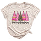 Merry Christmas Tree Shirt – Ladies Christmas Tee | Pink Leopard Holiday Pine Trees Shirt