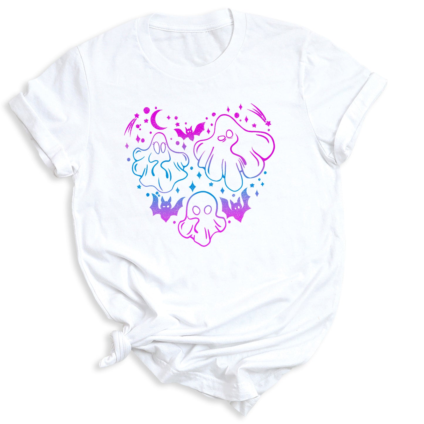 Funny Halloween Ghost & Bat Shirt – Spooky Season Tee for Women, Cute Fall Outfit, Halloween Party Top, Casual Costume Tee