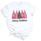 Merry Christmas Tree Shirt – Ladies Christmas Tee | Pink Leopard Holiday Pine Trees Shirt