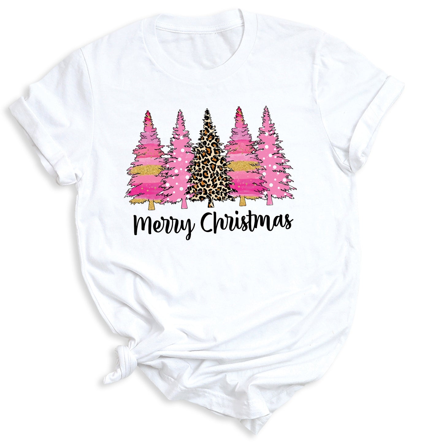 Merry Christmas Tree Shirt – Ladies Christmas Tee | Pink Leopard Holiday Pine Trees Shirt