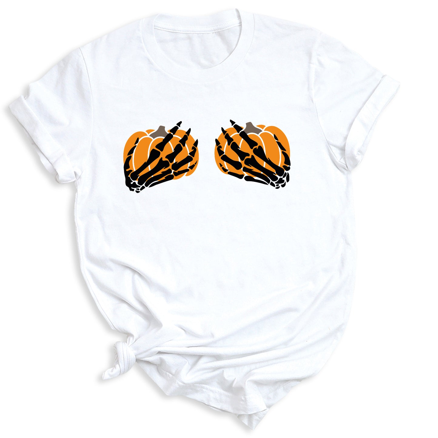 Skeleton Hand Bra Pumpkin Shirt – Funny Halloween Tee | Women’s Spooky Season Shirt