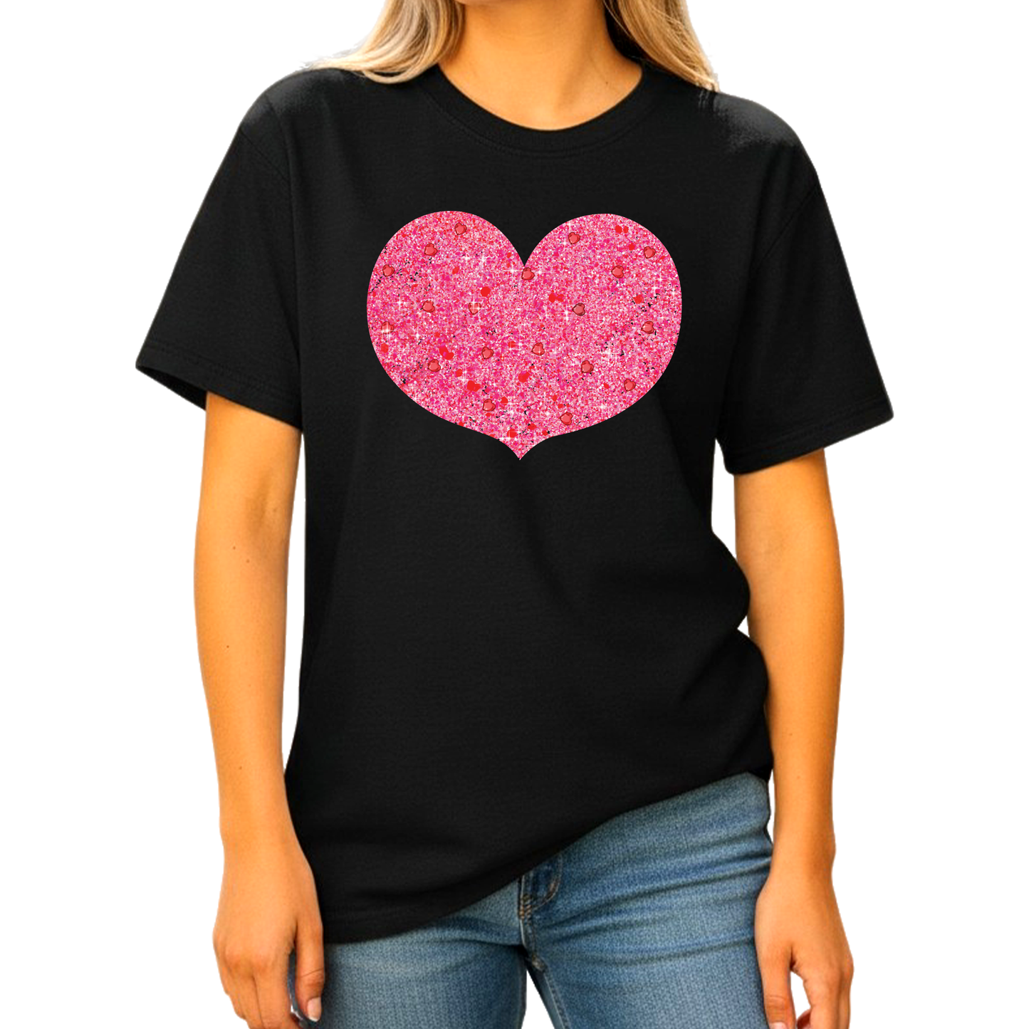 Valentines Day Pink Glitter Heart Shirt – Cute Love Graphic Tee