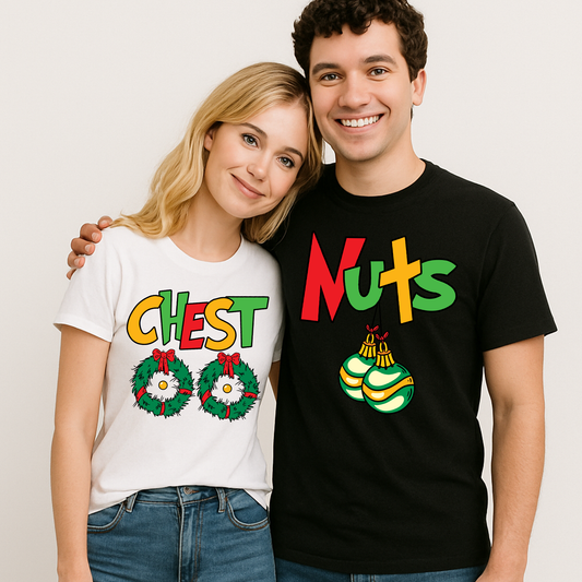 Christmas Chest Nuts Couple Shirts – Funny Matching Holiday Tees for Men & Women, Sarcastic Xmas Party Outfit, Boyfriend Girlfriend Gift