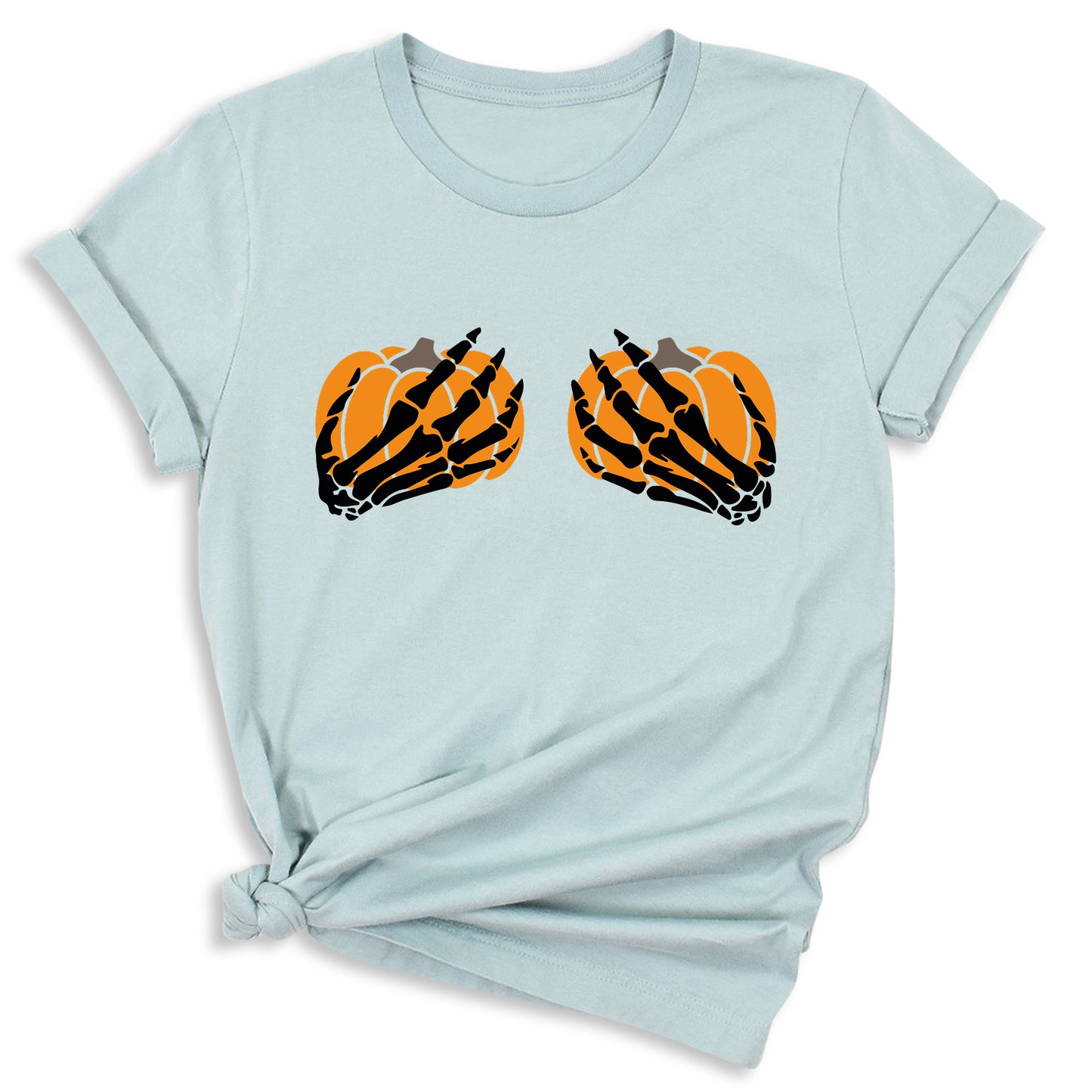 Skeleton Hand Bra Pumpkin Shirt – Funny Halloween Tee | Women’s Spooky Season Shirt