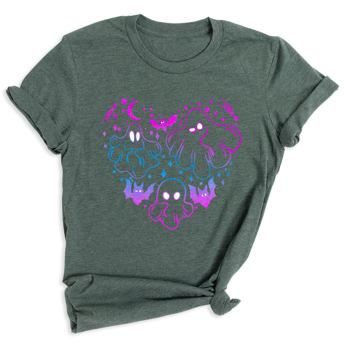 Funny Halloween Ghost & Bat Shirt – Spooky Season Tee for Women, Cute Fall Outfit, Halloween Party Top, Casual Costume Tee