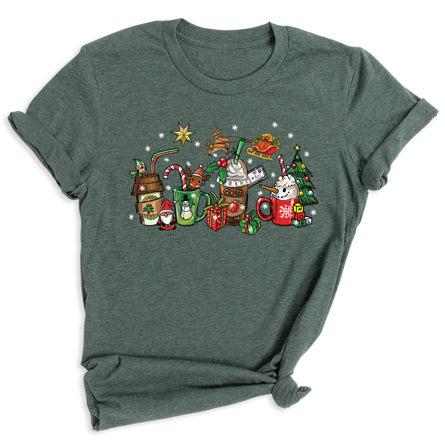 Christmas Latte Coffee T-Shirt – Holiday Coffee Lover Tee, Cute Xmas Shirt with Mugs & Christmas Tree Design