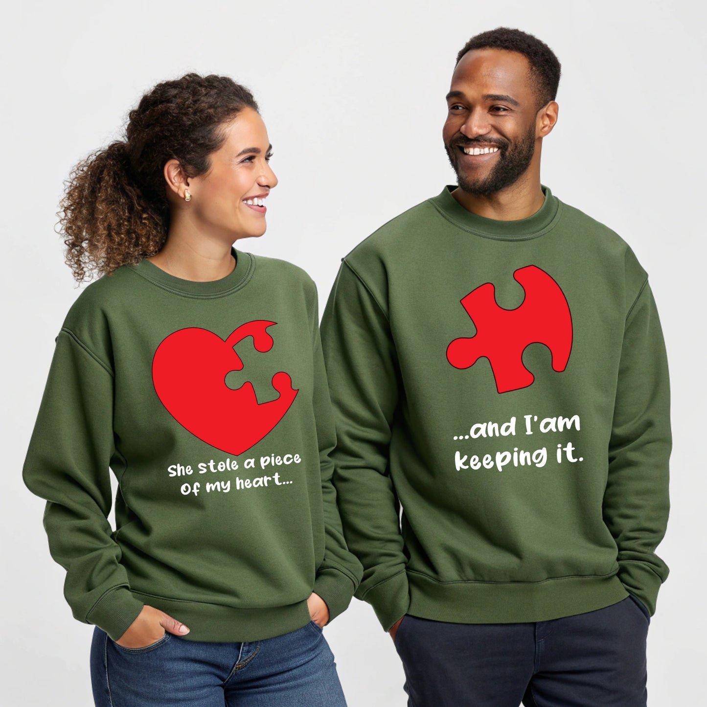 Matching Couple Valentine Puzzle Heart Sweatshirts His & Hers